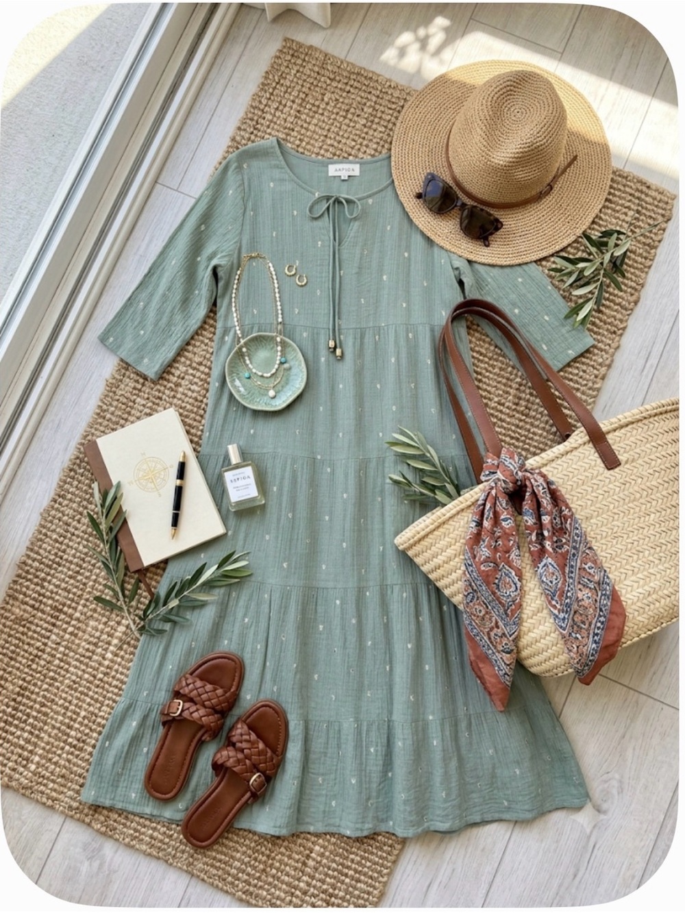 ASPIGA Sadie Organic Cotton Tiered Sage Green Dress Boho Peasant Cottagecore L
